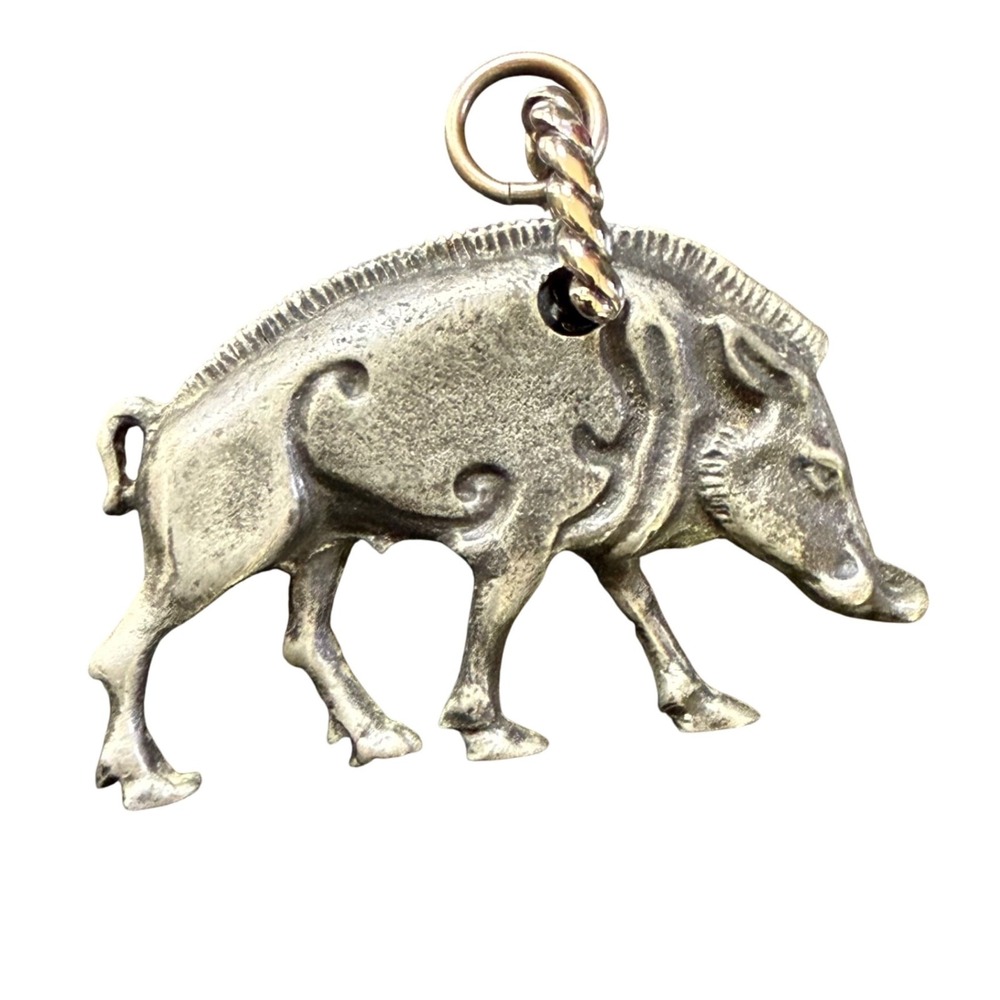 Vintage Warthog Boar Pendant Charm Necklace Pewter Silver Tone‎ Hog Animal